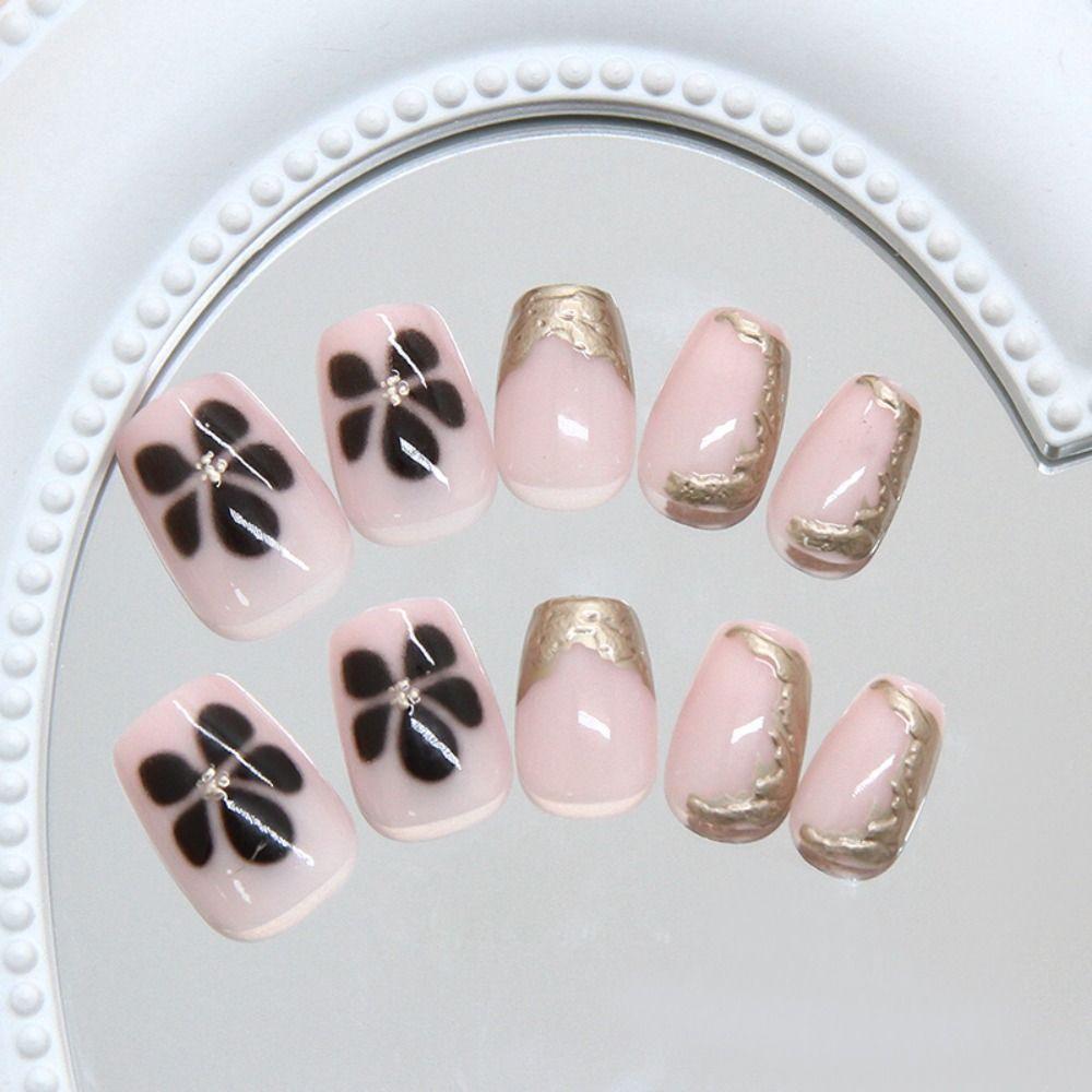 24pcs Metallic Irregular Flowers False Nails French Press On Nails New Fake Nails  Women Girls
