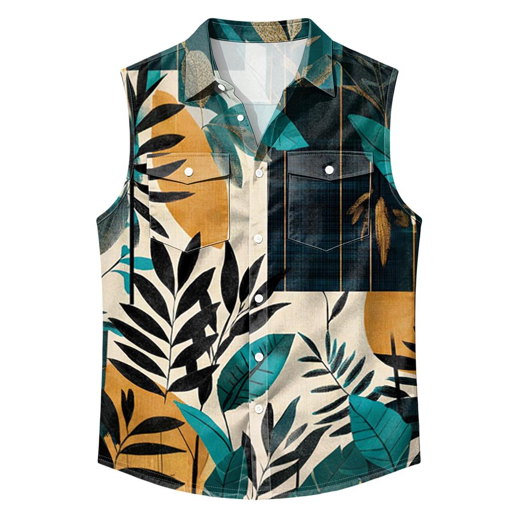 Men's Workwear Lapel Button-Down Vest Shirt - Lightweight Sleeveless Top