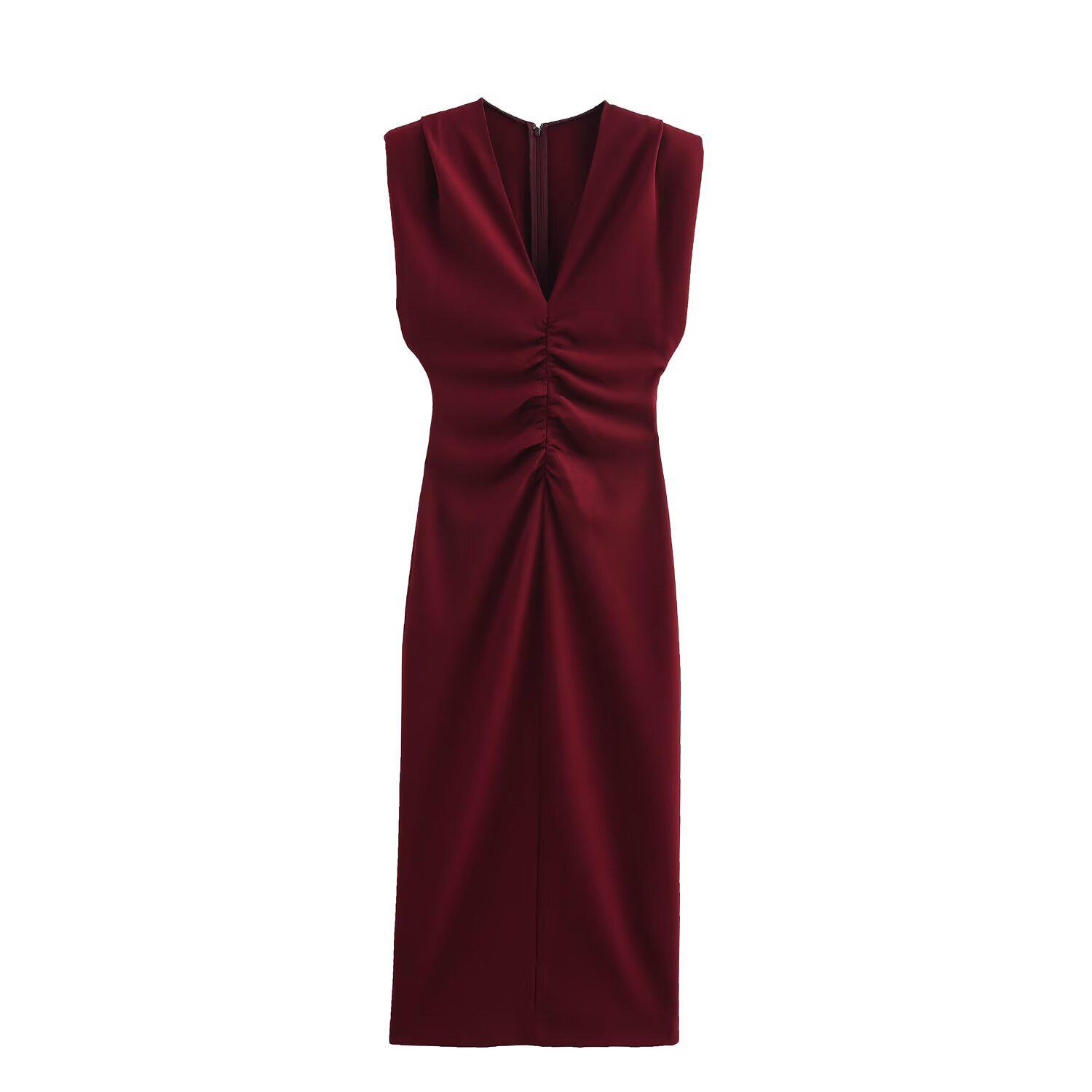 

2025 Spring Women s Slim V-Neck Pleated Sleeveless Dress M темно-красного
