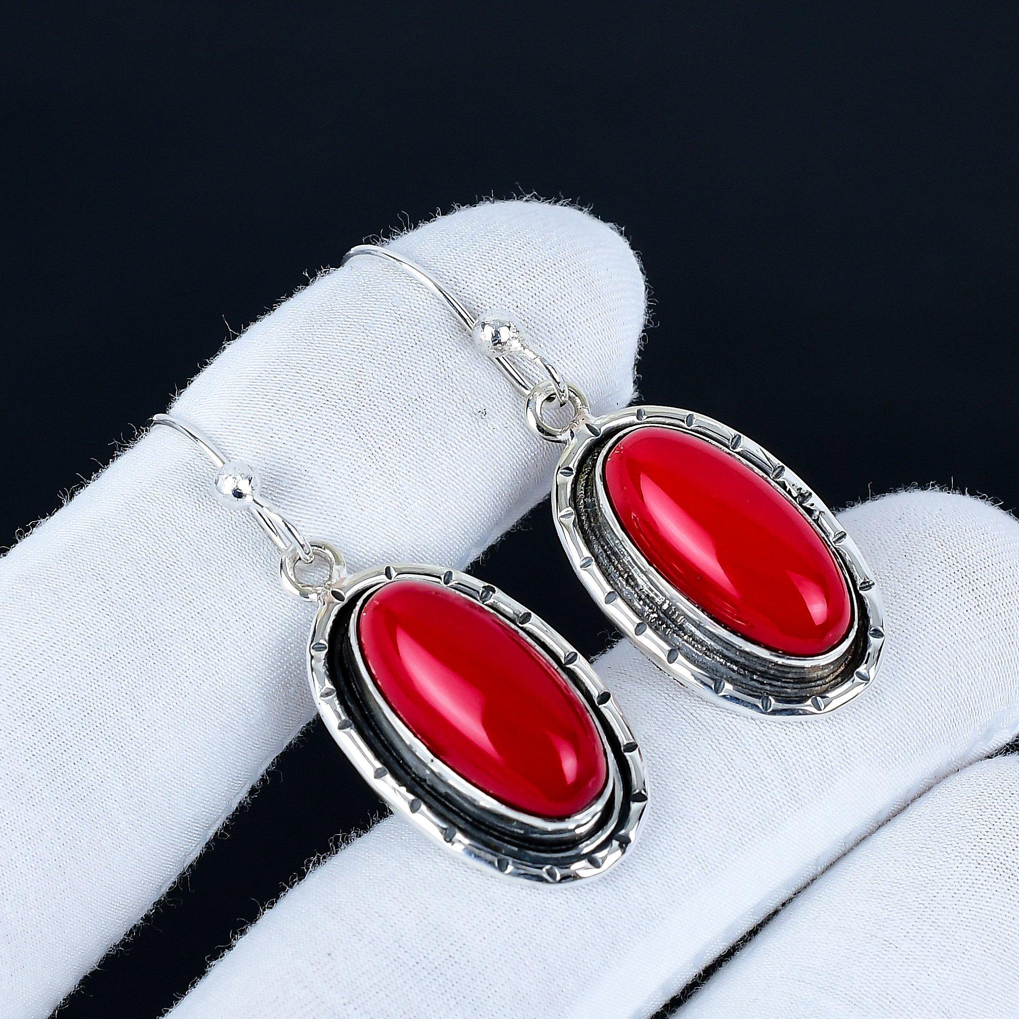 

Red Coral Gemstone Earrings, 925 Sterling Silver Earrings, Handmade Silver Earrings For Gift, Red Coral Dangle Drop Earrings Women Gift 5.5 Cm