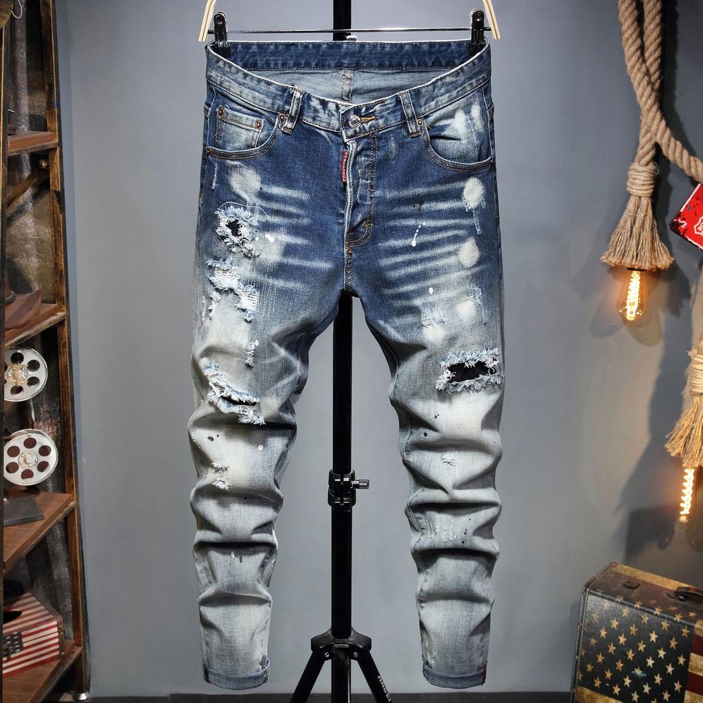 Personalized Men's Jeans With Ripped Seams Elastic And Tight Fit Mid Waist Trend Ripped Holes Denim Gradient Wash Pants
