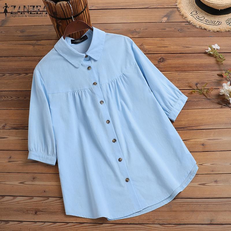 

ZANZEA Лето Повседневный откидной воротник Половина рукава Хлопчатобумажная блузка