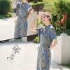 Set Gonna Denim Stile Cinese alla Moda Donna Estivo Stampa Floreale Completo Due Pezzi con Bottoni Nodo