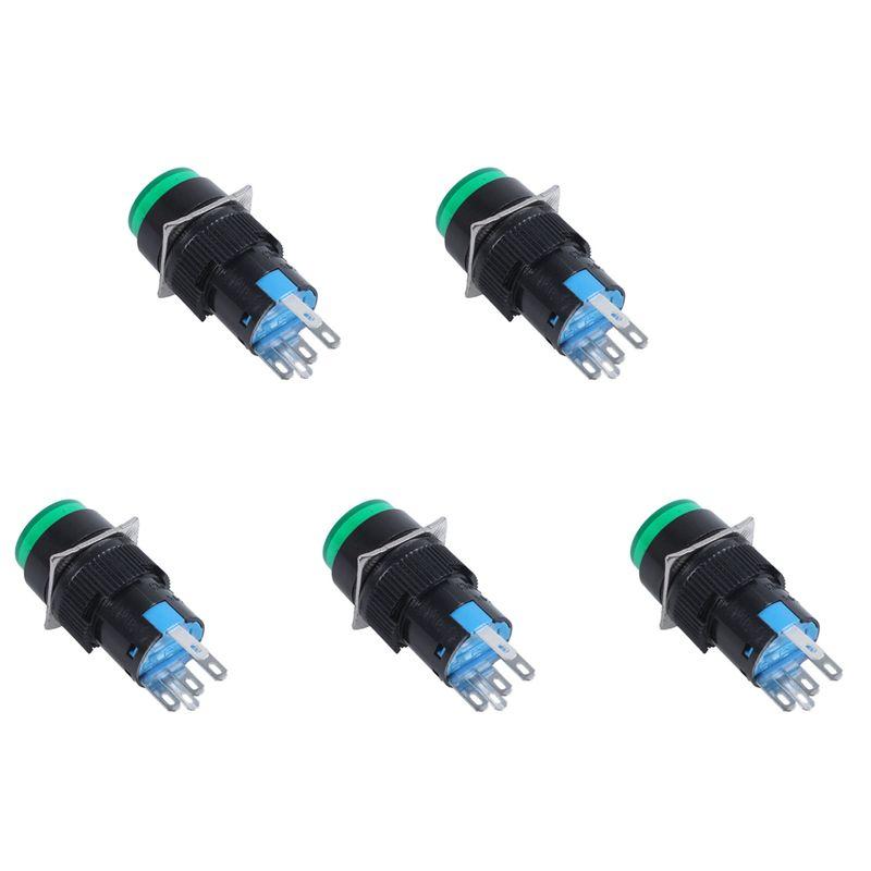 

BAAU 5X AC 250V 5A SPDT 1NO 1NC 5 Pins Latching Green Push Button Switch W 220V LED Lamp зелений