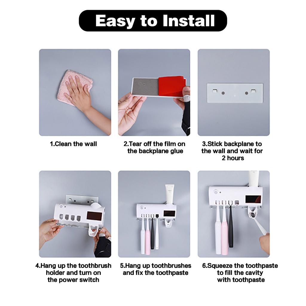 Toothbrush Sanitizer Holders with UV Rays Rechargeable Solar Power Automatic Toothpaste Dispenser Wall Mount Toothbrush Organizer