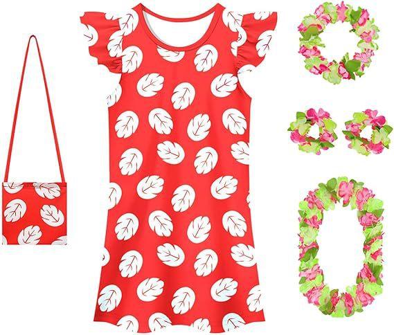 Girls Red Leaf Print Dress for Summer Halloween Christmas Costume Play