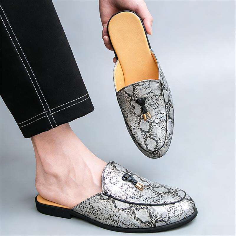 Designer Summer New Men's Snakeskin Pattern Half Slippers Shoes Male Casual Mules Moccasins Breathable Loafers Zapatos Hombre
