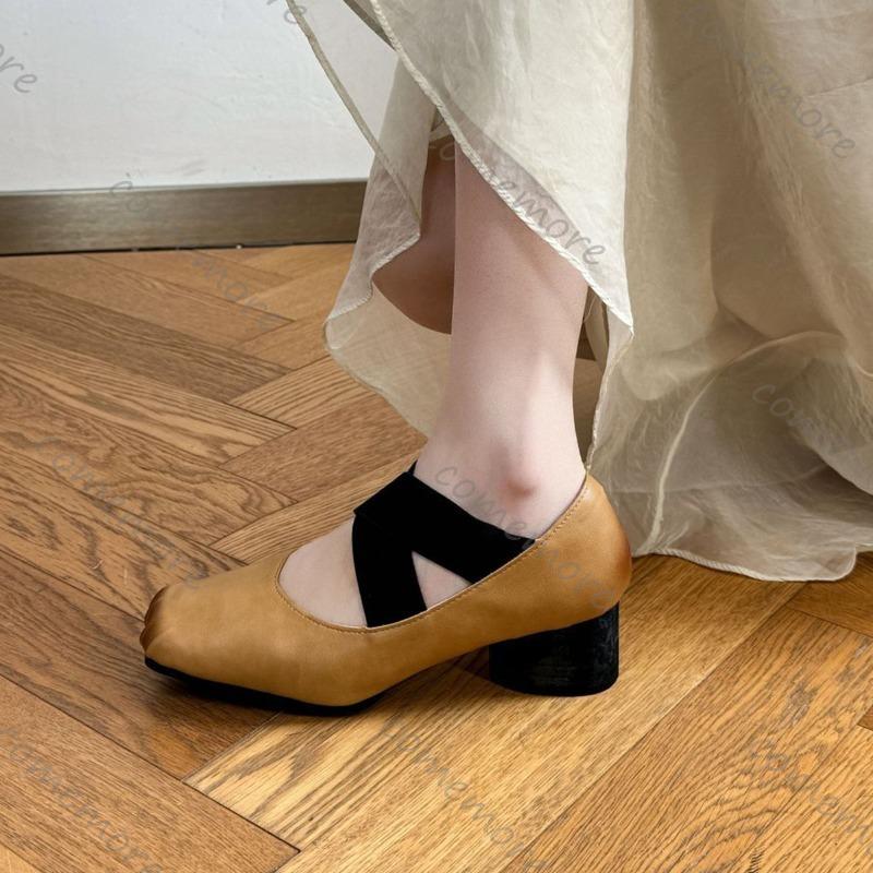Fashion Comemore Medium Thick Heel Ballet Mary Jane Women's Shoes Fashion Shallow Mouth Square Toe Pumps Cross Strap Heels for Women