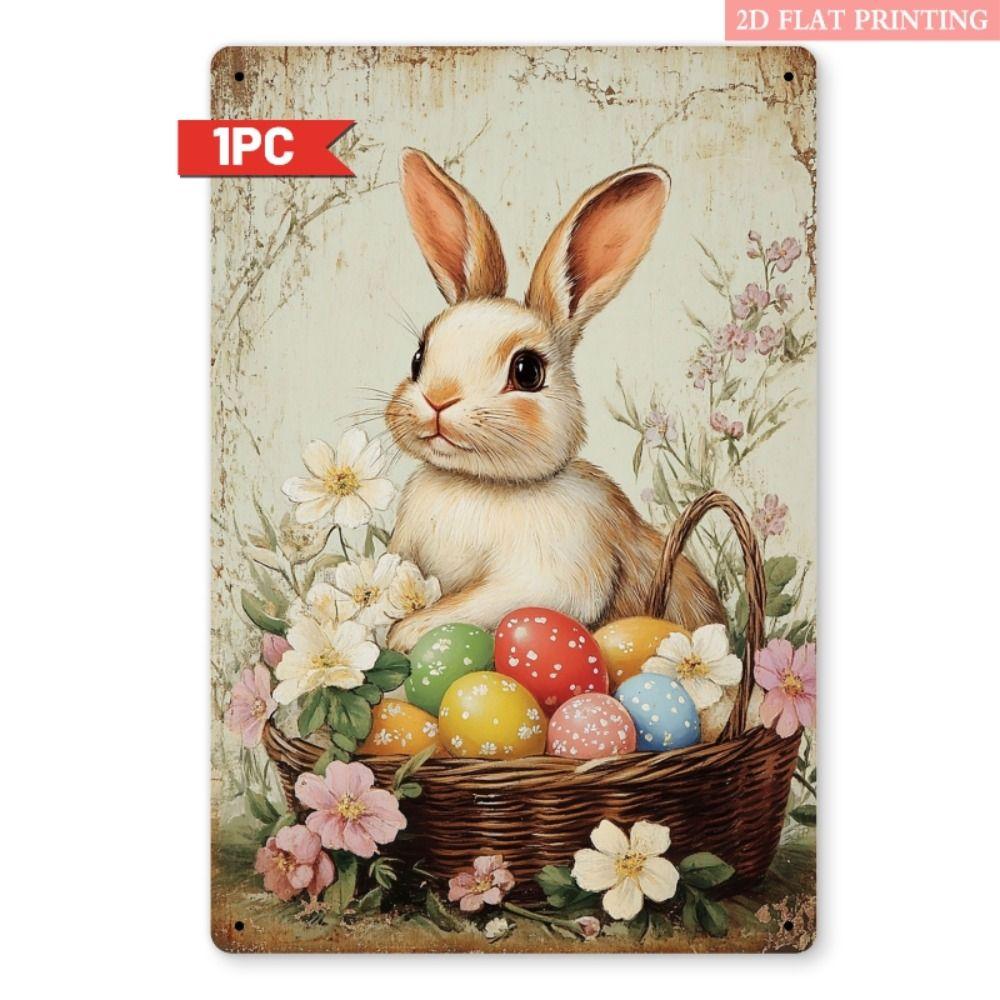 Tin Sign Retro Easter Rabbit Floral Wall Art Home Holiday Decor Metal Poster