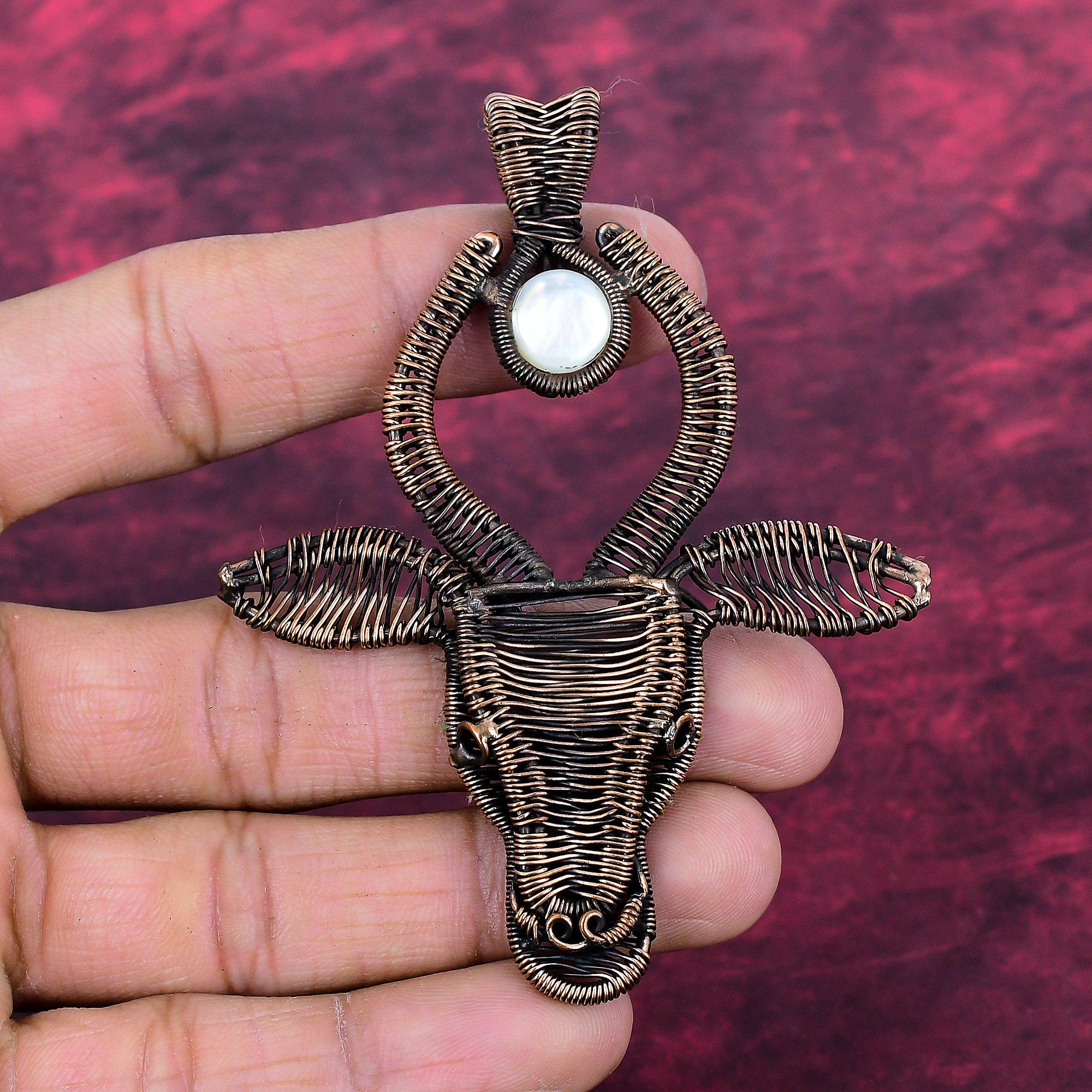 Mother Of Pearl Pendant Copper Wire Wrapped Cow Face Jewelry Gemstone Pendant
