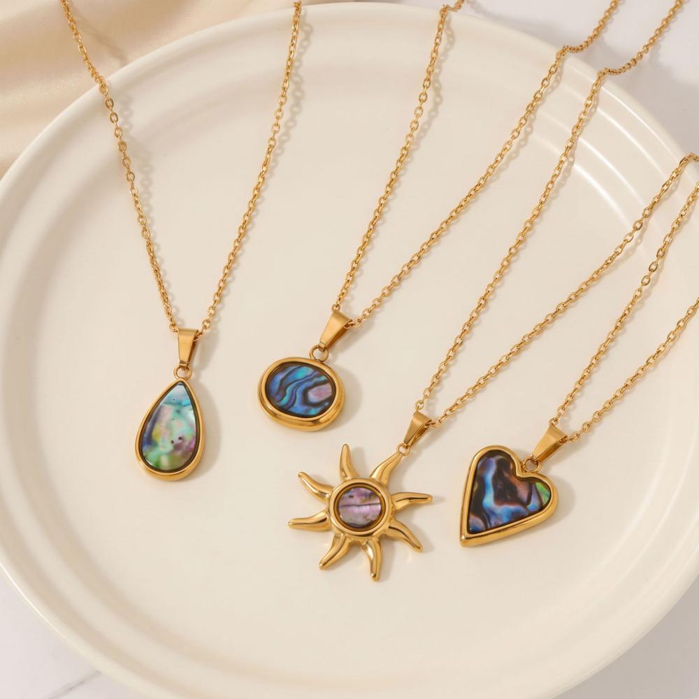 Stainless Steel Abalone Shell Necklace Women Heart Sun Water Drop Pendant Necklace Ins Fade Resistant Elegant Banquet Jewelry