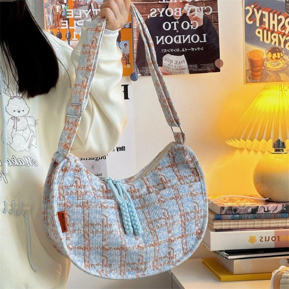Plaid Half-moon Shoulder Bag Handbag Canvas Dumpling Bag Simple Hobos Crossbody Bag Girls
