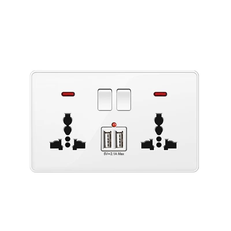 White UK Plug 13A with USB Panel UK Socket Panel, International Universal USB Mobile Phone Charging Socket, with LED Light