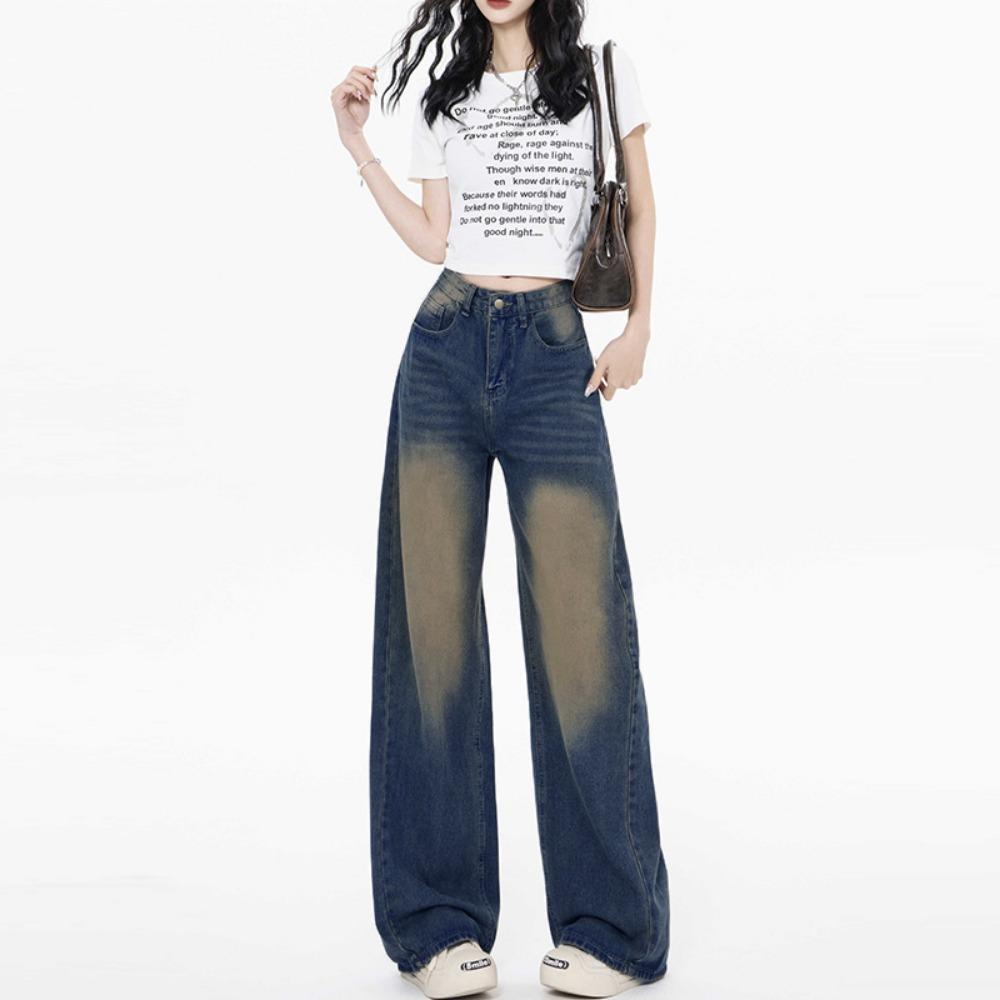 Personalized American washed wide-leg jeans women's spring and autumn new high-waisted loose straight mopping jeans