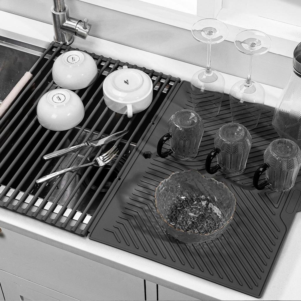 Foldable silicone draining divided draining for over the dish drainer mat, rack, sink, space-saving, heat-resistant, non-slip, rust-resistant, rack,