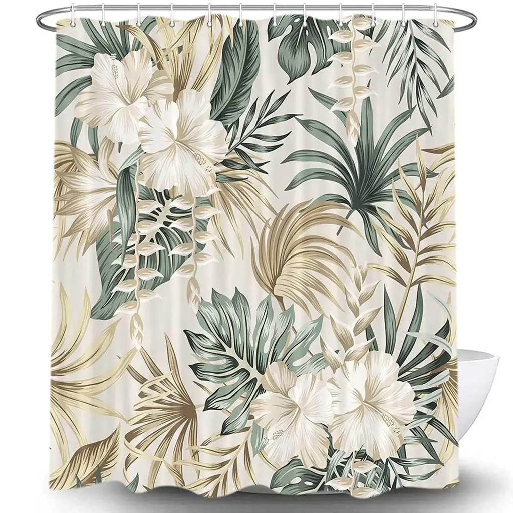 Green Hawaii Tropical Shower Curtain Green Gold Tropical Leaves Plant Fabric Bathroom Curtain Botanical Jungle Bath Curtain Set