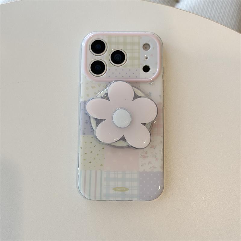 Kawaii Pastel Patchwork Floral Magnetic Phone Case With Flower Pop Socket For iPhone 15 16 17 Pro Max INS Cute Shockproof Cover