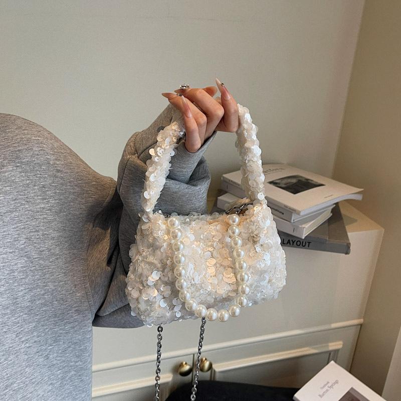 

Elegant Sequin Evening Bag for Women Luxury Pearl Chain Crossbody Bag Fashion Sparkly Small Square Handbag Party Shoulder Purse