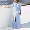 Womens Stripe Print Spring Summer 3/4 Sleeve Turn-down Collar Long Shirt Dresses