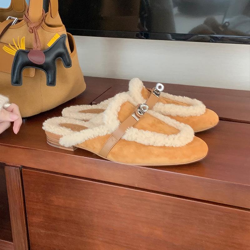 Lock bag head lamb wool slippers women's autumn and winter thick heel one pedal lazy half drag outside wear