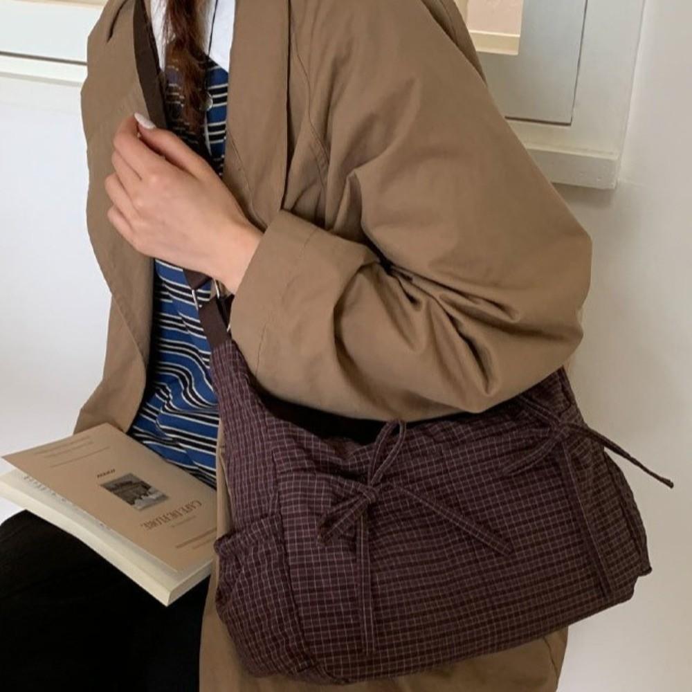 Multiple Pockets Nylon Shoulder Bag Grid Hobo Bag Sweet Bow Crossbody Bag  Outdoor