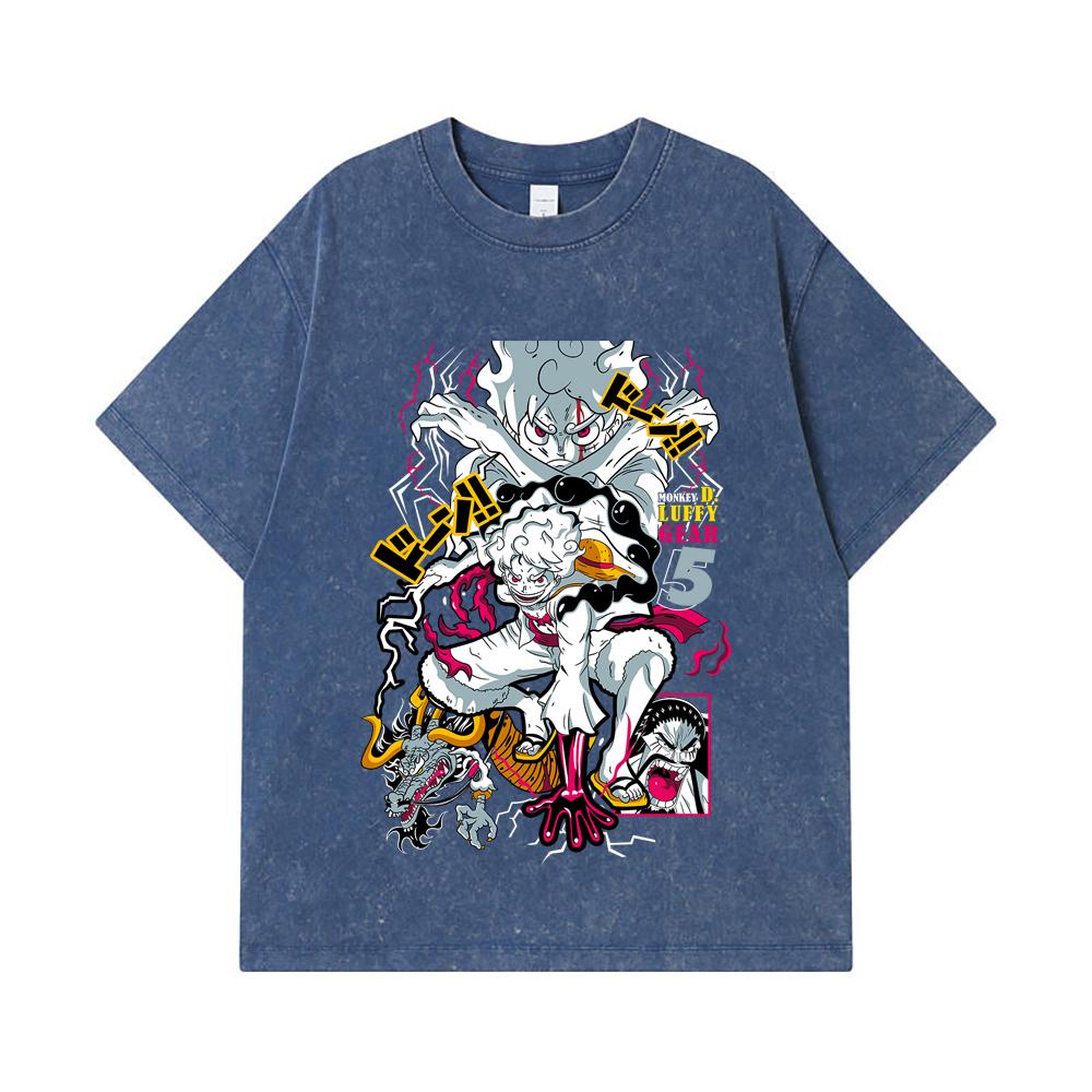 275 GSM Washed T-shirts 100% Cotton One Piece V23 Luffy Gear Print Unisex Heavy Cotton T Shirt