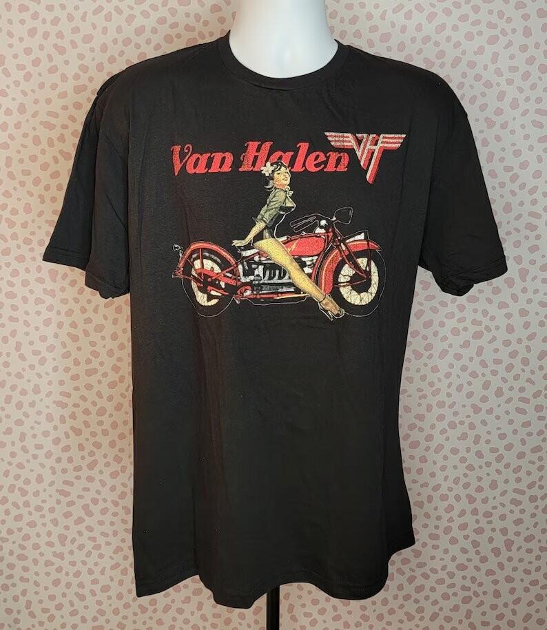 Van Halen Classic Pinup Girl on a Motorcycle Band Unisex T-shirt, Size S-5XL Unisex T-Shirt XXXL
