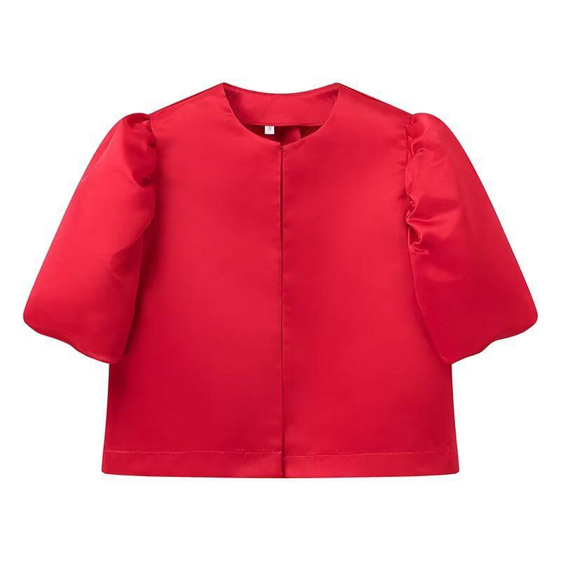 Women's Puff Sleeve Round Neck Top - Elegant Commuting Style, Versatile Five-Point Sleeve Blouse