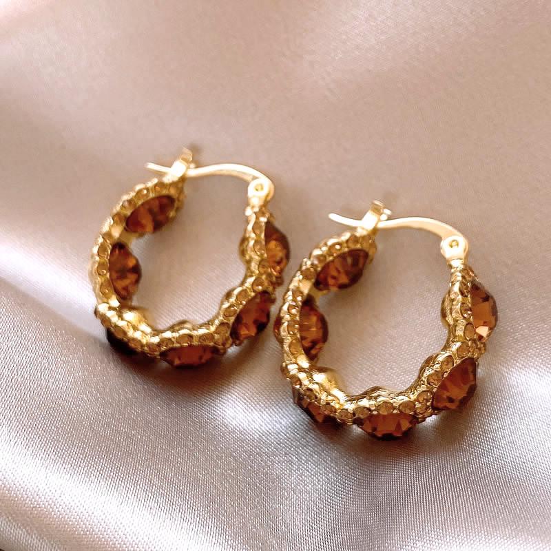 Elegant 2024 Brown Crystal Hoop Earrings for Women - Light Luxury, High-End Design, Trending Online Fashion