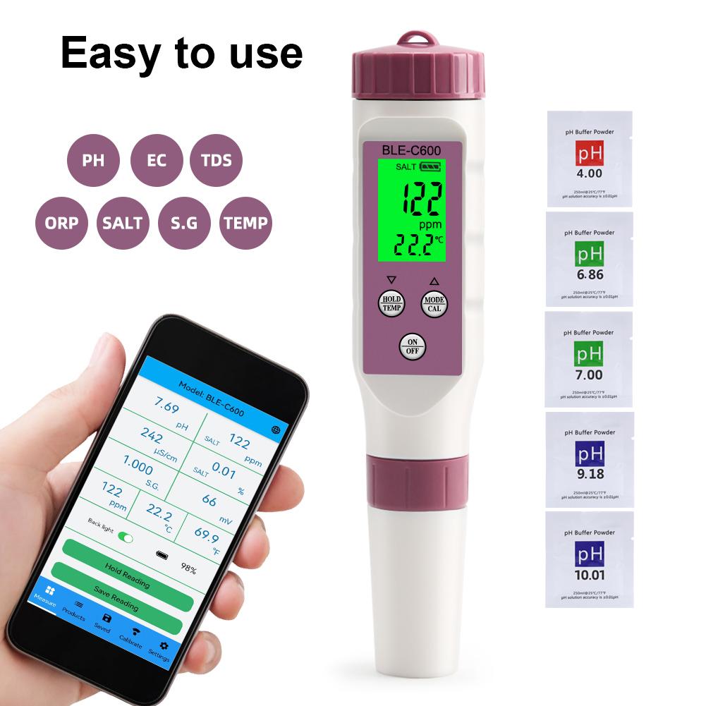 7 In 1 PH Meter Temp ORP Salinity TDS Meter for Water Quality Tester with 0-14 Measurement Range Suitable Aquarium Swimming Pool