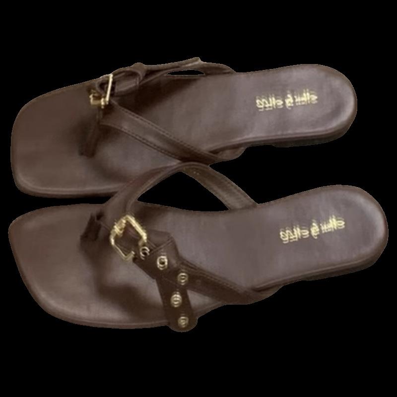 2025 new simple toe flat slippers women's summer wear flip-flops one and a half slippers pinch feet small sandals