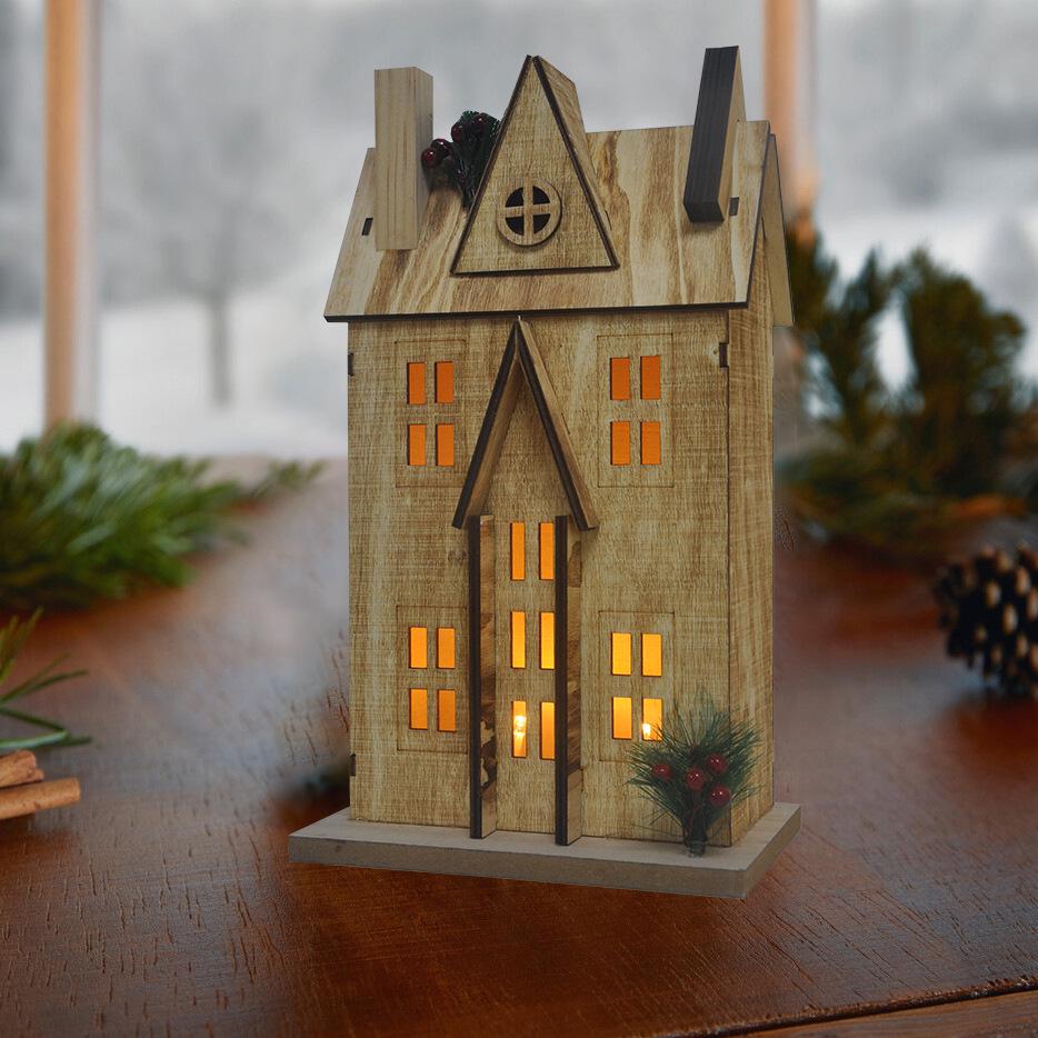 Nordic Style Aged Solid Wood LED Christmas House Ornament, 30CM High