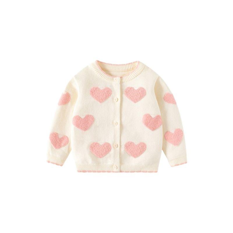 Spring and Autumn Kids Heart Combed Cotton Long Sleeves Sweater Girl Fleece-lined Cardigan Top Baby Girl Knitwear Outwear
