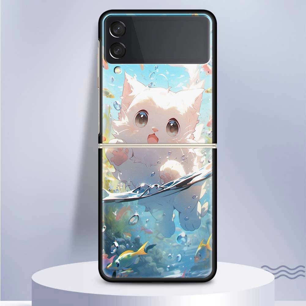 Cartoon Cute Cat Fish Aesthetic For Samsung Galaxy Z Flip 5 4 3 5G Phone Case Black Hard Cover ZFlip 5 4 3 Luxury Shockproof Bum