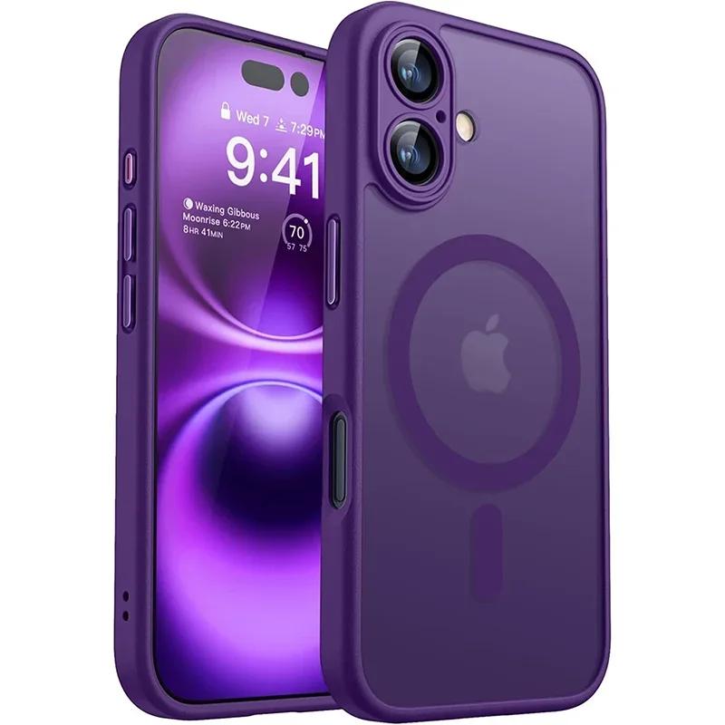 For Magsafe Luxury Armor Shockproof Case For 17 16 15 14 13 Pro Max Magnetic Wireless Charge Cover Matte Translucent PC