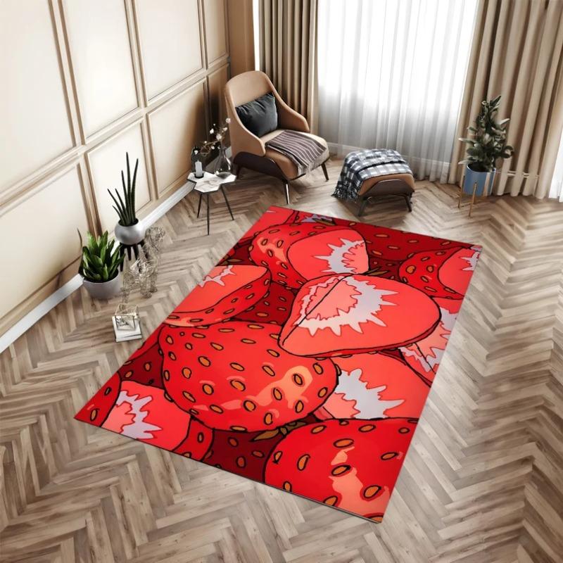 Strawberry Flower Carpet Fruit Sweet Print Home Decoration Floormat Pink Checkerboard Non-Slip Girl's Room Bedside Rug