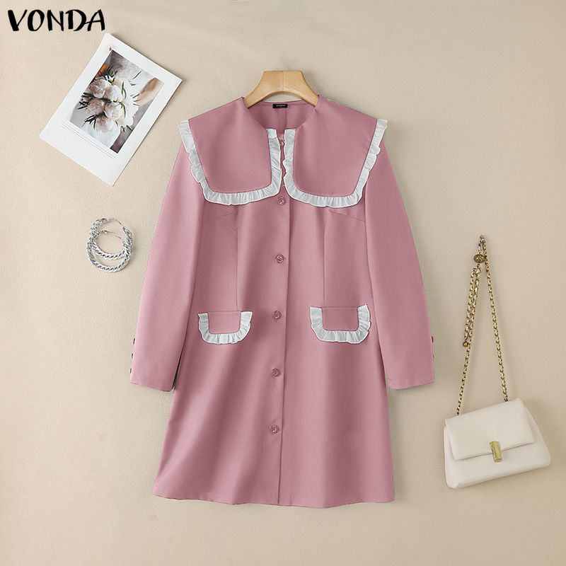VONDA Women Elegant Big Lapel Neck Long Sleeve Stitching Casual Mini Dress