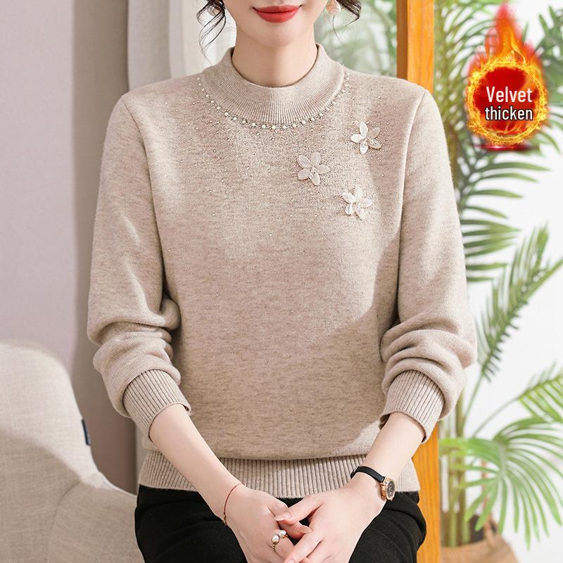 Middle-aged Women's Plus Velvet Knit Sweater: Warm, Loose Fit Base Layer