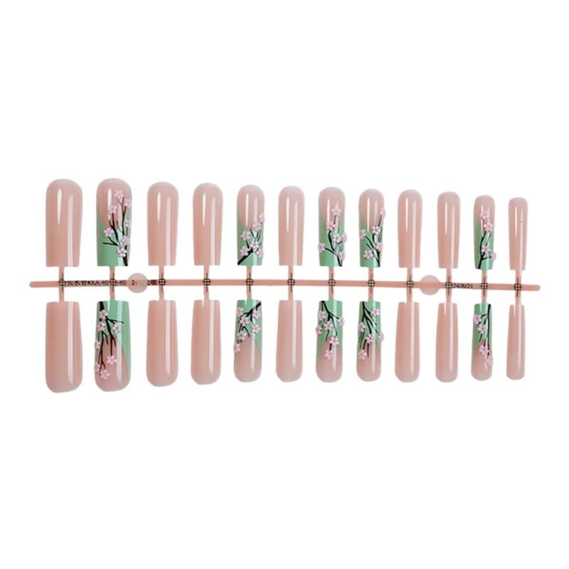 24pcs Press on Nail Long Square Acrylic Autumn Winter Nail Floral Designs Stick on Nail Manicure For Fashion Women