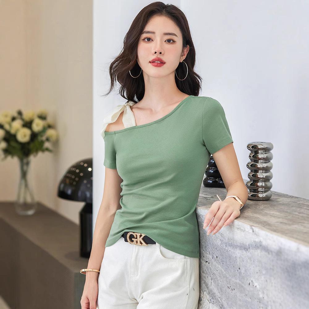 2025 Korean Style One-Shoulder Tie-Up Short-Sleeve Slimming Cotton Women's Top