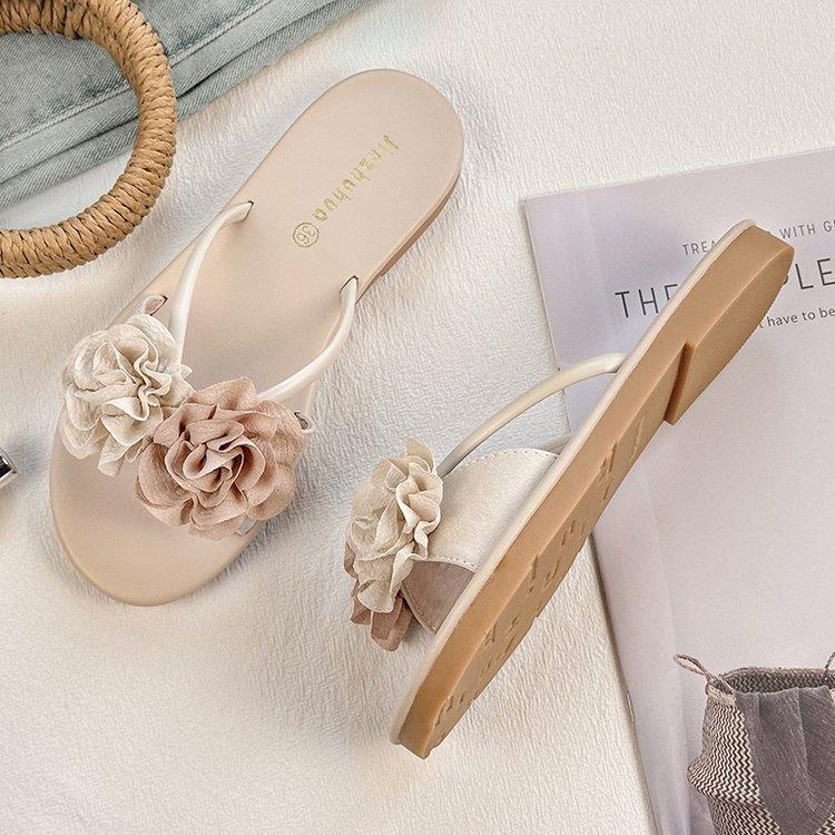 Camellia flower sandals, summer flat bottomed beach one line sandals