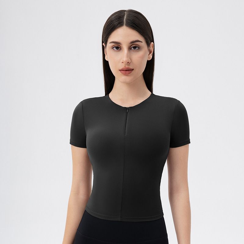 Foreign Trade Belt Chest Pad Yoga Clothes Short Sleeve Front Zipper Tight Fitness Top Nude Feel High Elastic Sports Running T-shirt Women