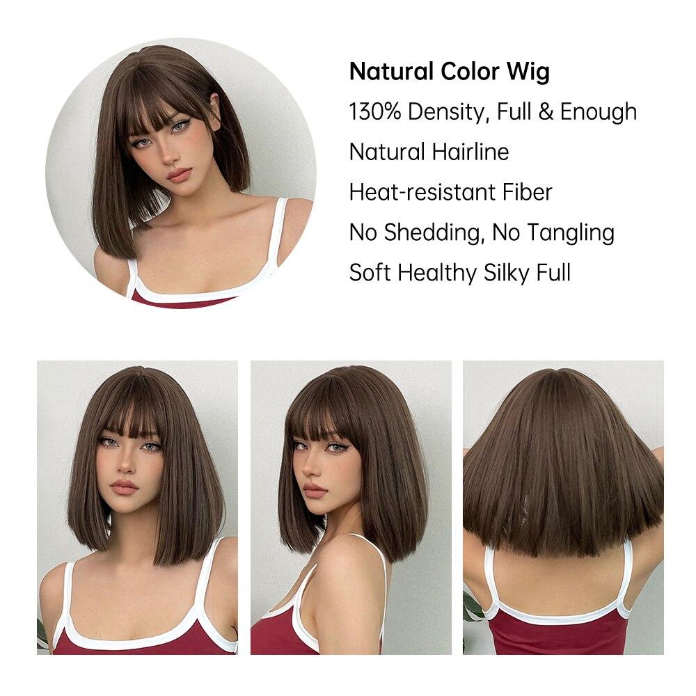 HAIRCUBE Short Brown Synthetic Natural Wig for Women Straight Shoulder Length Brown Hair With Bangs Heat Resistant Daily Cosplay