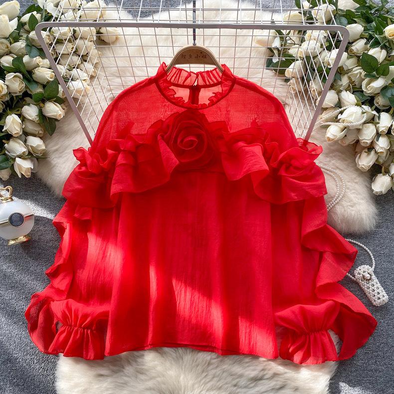 

Женская сетчатая рубашка с нерегулярными оборками, весенне-осенний пуловер, плиссированный топ Niche Slim Chic One size красный