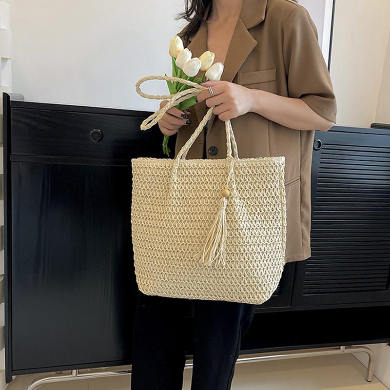 Yogodlns Women Hand Woven Tote Bag Solid Color Large Capacity Square Handbag Straw Shoulder Bag with Tassel Pendant