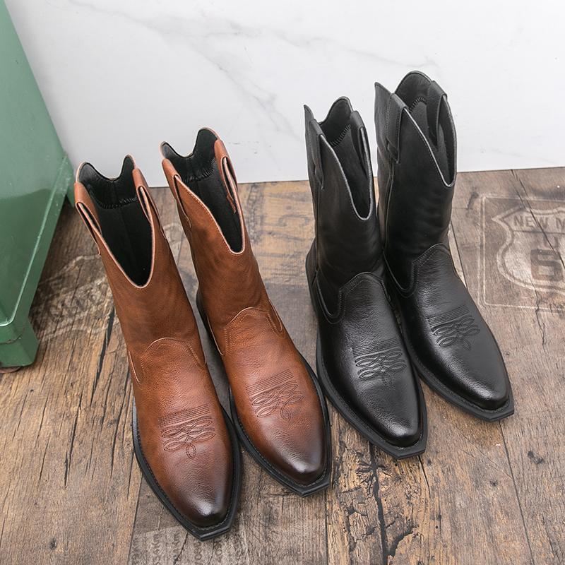 Men's Handmade Cowboy Boots for Men Genuine Leather Retro Western Boots with Pointed Toe for Riding, Horseback, Country Style