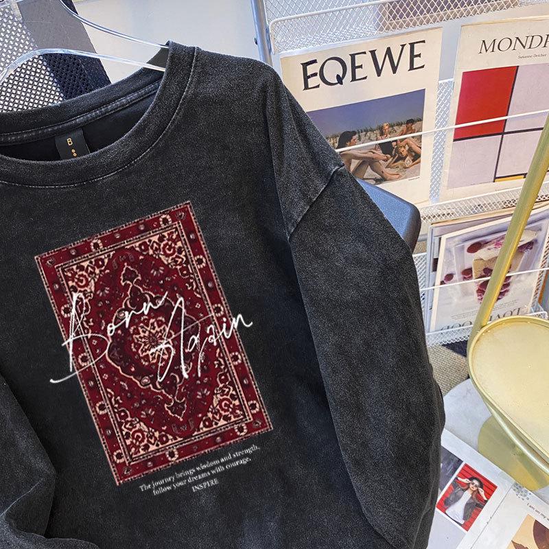 Szykowny Retro Oversize 100% Bawełna Koszulka z Długim Rękawem - Styl Europejski i Amerykański