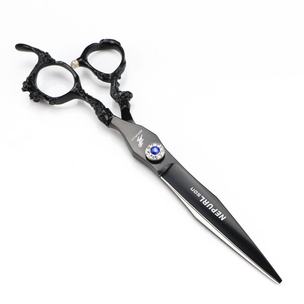 7" Black Dragon Handle Hairdressing Scissors - High-End Straight Shears for Pet Grooming