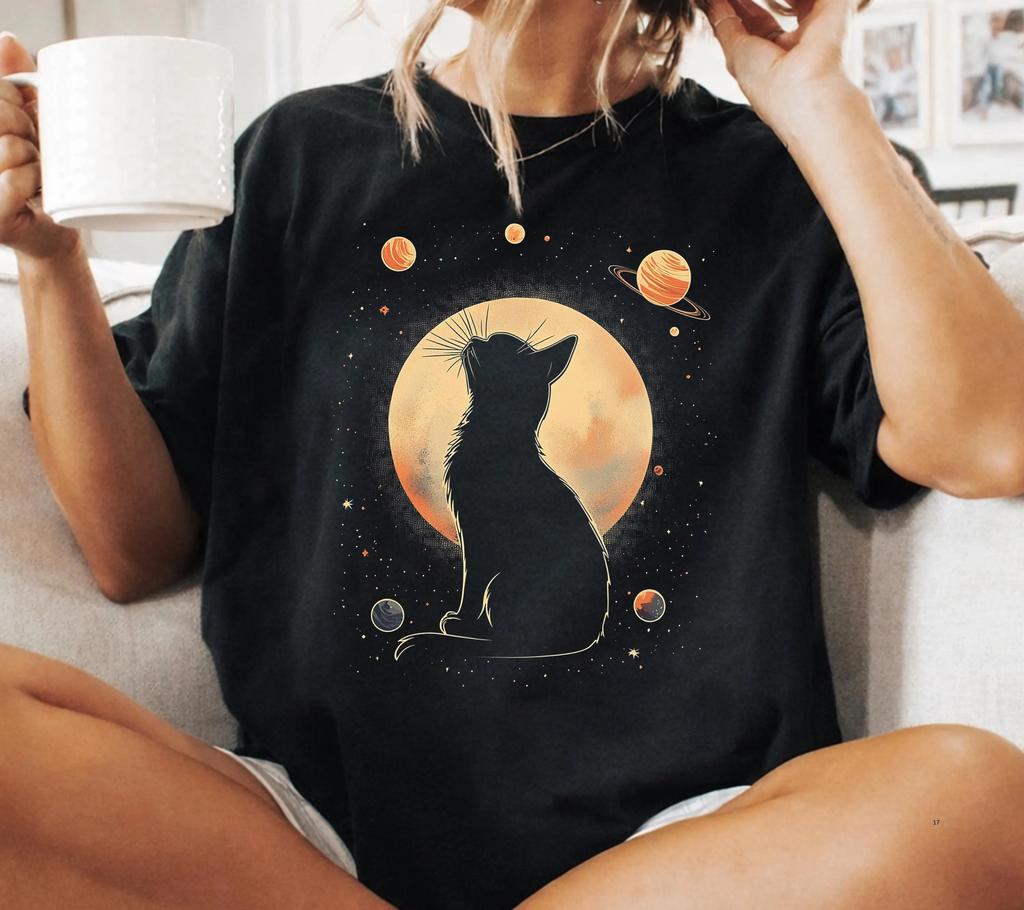 Plus Size Summer Womens Lunar Cat Cosmic Gaze TShirt Cotton Breathable Stylish Versatile Street Style Oversized