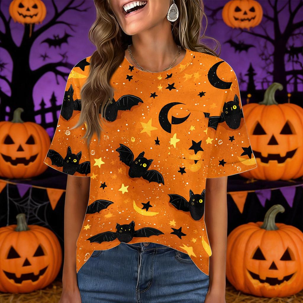 Women's Casual Short Sleeve Pullover Top Halloween Print Round Neck Pocket Loose Fit Lightweight Shirt for Everyday Wear